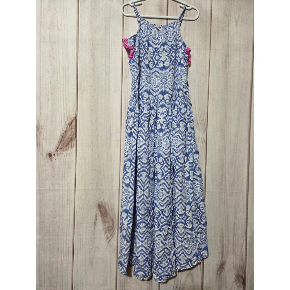 OshKosh B'gosh Girls Blue Ikat High-Low Maxi Dress Pink Trim Size 8‎ Summer